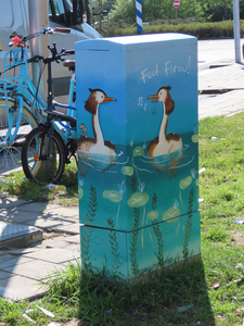 912704 Afbeelding van een in 2024 door MAGSUPYOURMIND beschilderd elektriciteitskastje met futen op de Van Egmondkade ...